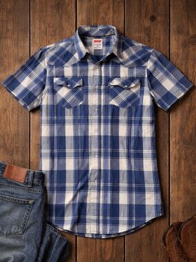 Levi’s Blue Plaid Western Snap Shirt Medium Cowboy Core Vintage Style